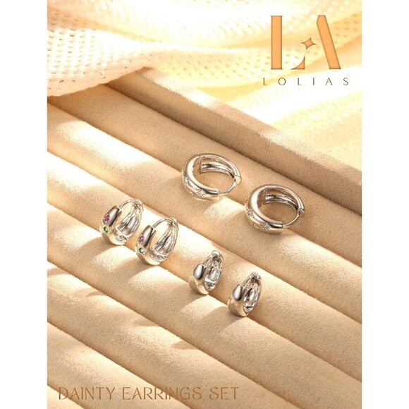 3Pairs Chunky Lightweight Hypoallergenic MultiColored CZ Silver Huggie Earrings - Picture 8 of 8